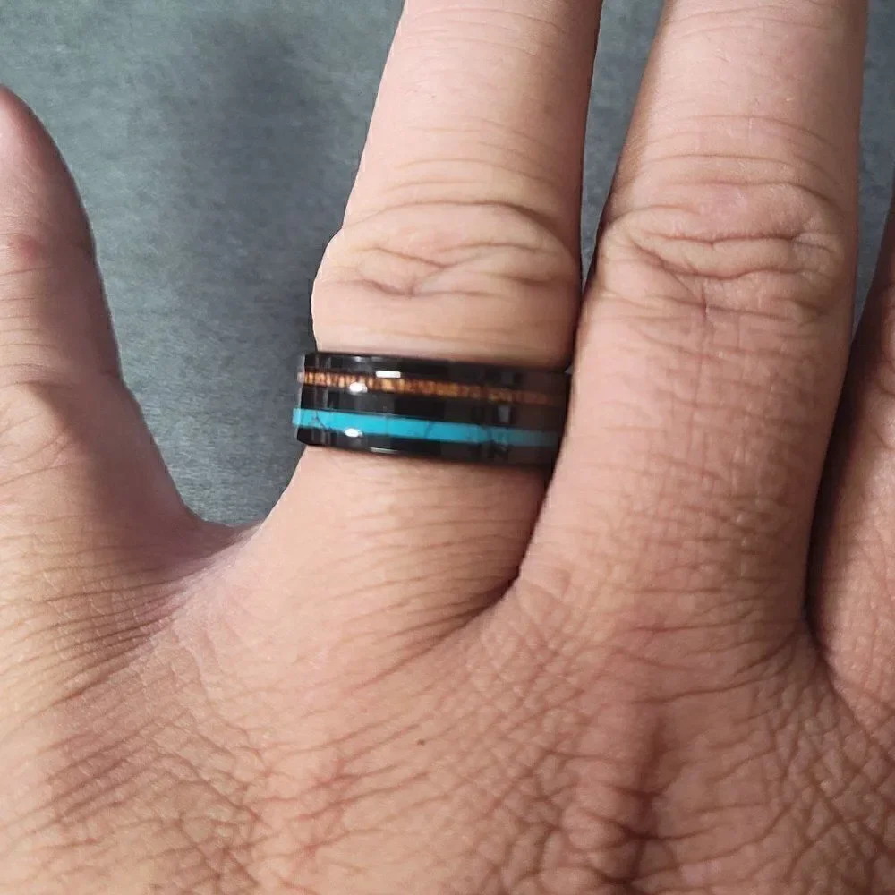 Engraved Men's Real Black Tungsten Wedding Ring - Turquoise and Koa Wood Inlays